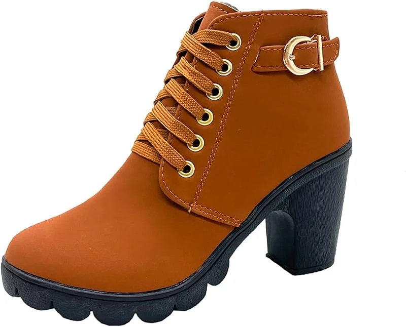 Damen-Stiefel, modisch, Retro, kurze Stiefel, Schnürung, hohe Absätze, rutschfest, rund, schick, elegant, bequem, Herbst und Winter — Heizkleidung