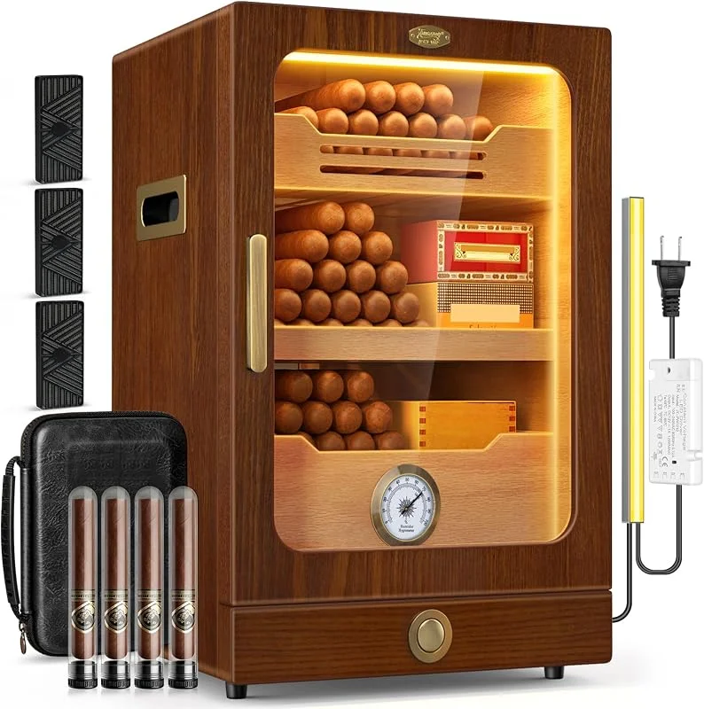 Tesonway Zigarren Humidor, Desktop Zigarren Humidor Schrank Lichtsteuerungssystem mit spanischen Zedernholzregalen, Hygrometer, 3 Luftbefeuchtern und Zigarrenzubehör Schublade, Vatertagsgeschenk für