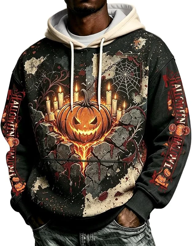 Generisch Herren Halloween Kürbis Kerze 3D Print Kapuzenpullover Hoodie Kängurutasche Kordelzug Gruselig Party Sweatshirt Kapuze. — Heizkleidung