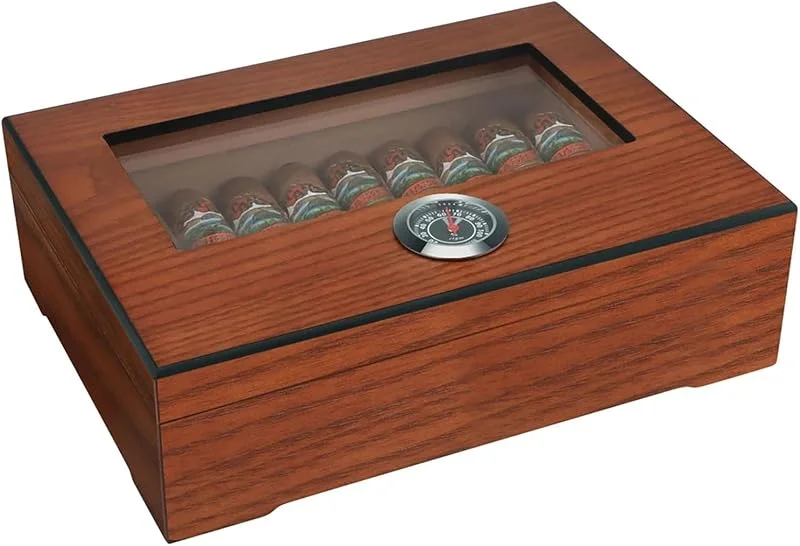 Zigarren-Humidor für 20 bis 30 Zigarren mit Luftbefeuchter und Hygrometer, Zedernfutter, Glasplatte, Zigarrenständer, Walnuss, Desktop-Zigarrenbox