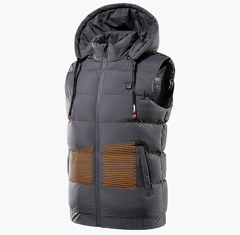 Beheizte Weste, USB Elektrische 9 Zonen Heizwesten Wärmer Pad Wandern Warme Outdoor Tuch Beheizte Camping Kapuzenweste Thermische wasserdichte Jacke, Blau, L(Grey, 6XL) — Heizkleidung