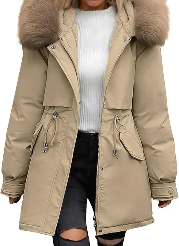 Ansenesna Winterjacke Damen Lang Warm Gefüttert Wintermantel Elegant Mit Kapuze Teddyfleece Jacke Winter Fellkapuze Mantel Teddyfutter Tailliert Damenjacken Frauen Thermo Dicke Damen-Jacken — Heizkleidung