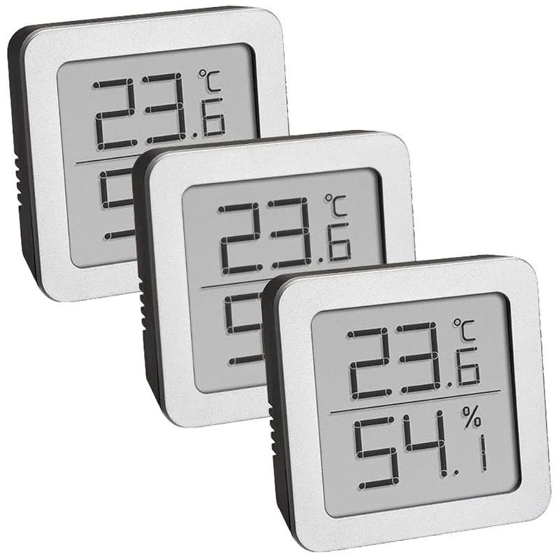 TFA Dostmann 3-Set Hygrometer digital innen, 95.2019.54, zur Luftfeuchtigkeitsmessung und Temperaturmessung, Raumklima, mit flexiblem magnetischen Halter, schwarz-silber — Luftbefeuchter