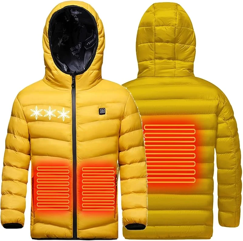Beheizte Jacke Kinder Sale, USB Elektrische Heizjacke Beheizbare Jacke mit Kapuze Warme Pufferjacke mit 3 Heizstufen Beheizbare Weste Wasserdicht Winddicht Beheizbarer Hoodie für Schule Skifahren — Heizkleidung