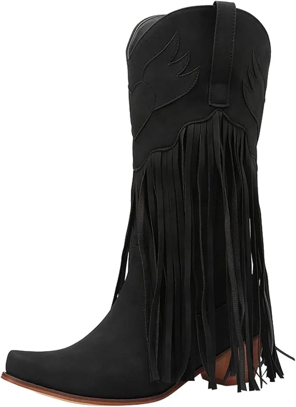 Damen Stiefel Mode Wohnungen Quaste Spitze Zehe Schuhe mit niedrigen Absätzen Western Knight Stiefel — Heizkleidung