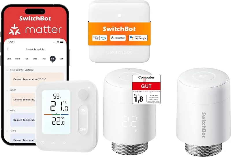 SwitchBot Smart Heizkörperthermostat 2er-Pack Matter Panel Combo – App- und Zeit-Steuerung, Energieseinsparung, einfache Installation, kompatibel mit Alexa, Apple Home und Home Assistant — Heizung Warmepumpe