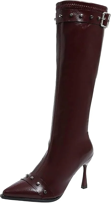 Generisch Damen Stiletto High Heel Knielange Stiefel Spitze Zehenpartie Western Stiefeletten mit Reißverschluss und Schnallenriemen — Heizkleidung