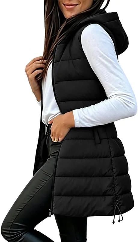 Weste Damen Lang Winter Steppjacke Damen Leicht mit Kapuze Steppweste — Heizkleidung