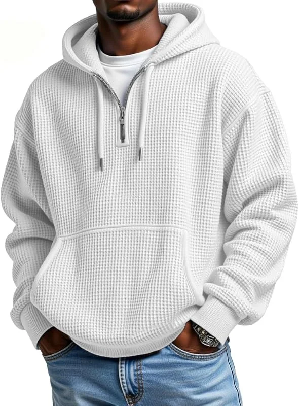Generisch Herren Waffel Kapuzenpullover Halfzip Hoodie Kängurutasche Kordelzug Oversize Freizeit Outdoor Sport Sweatshirt Kapuze. — Heizkleidung