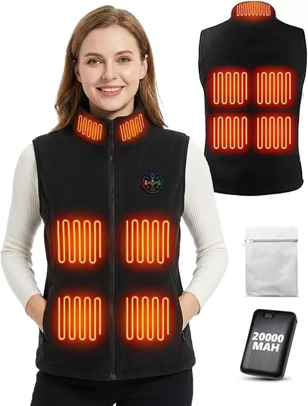 Fleece Heizweste Damen und Herren mit Powerbank 5V, 7.4V 20000mAh, 10 Heizzonen Beheizbare Weste mit 3 Temperaturstufen, Leichte Elektrische Beheizte Weste für Radfahren Outdoor-Arbeit Camping, Größe L — Heizkleidung