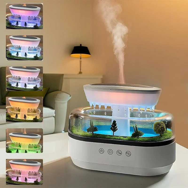 Luftbefeuchter Rain Humidifier Diffusor, 250mL Essential Oil Diffuser mit 7 Farben Led Nachtlicht, Duftöl Diffusor Luftbefeuchter mit Pilz Lampe Wassertropfen, Duftöl Diffuser für Zuhause Büro