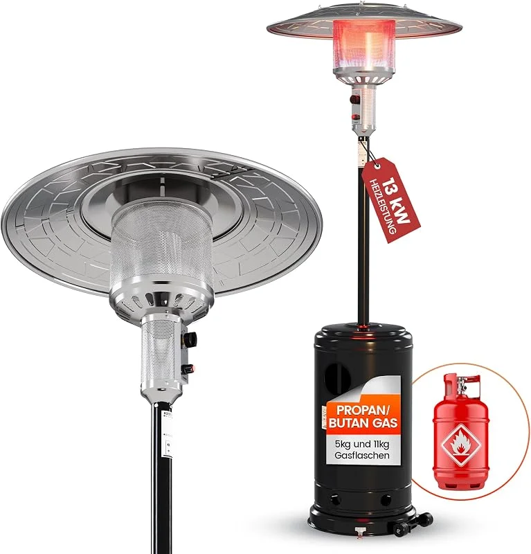 UDPATIO Gas Heizpilz Outdoor 13 kW, Abschaltautomatik & Umkippsicherung Gasheizstrahler, Stufenloser Wärmeregelung, Heizstrahler mit Transportrollen Terrasse, Balkon & Garten Schwarz — Heizung Warmepumpe