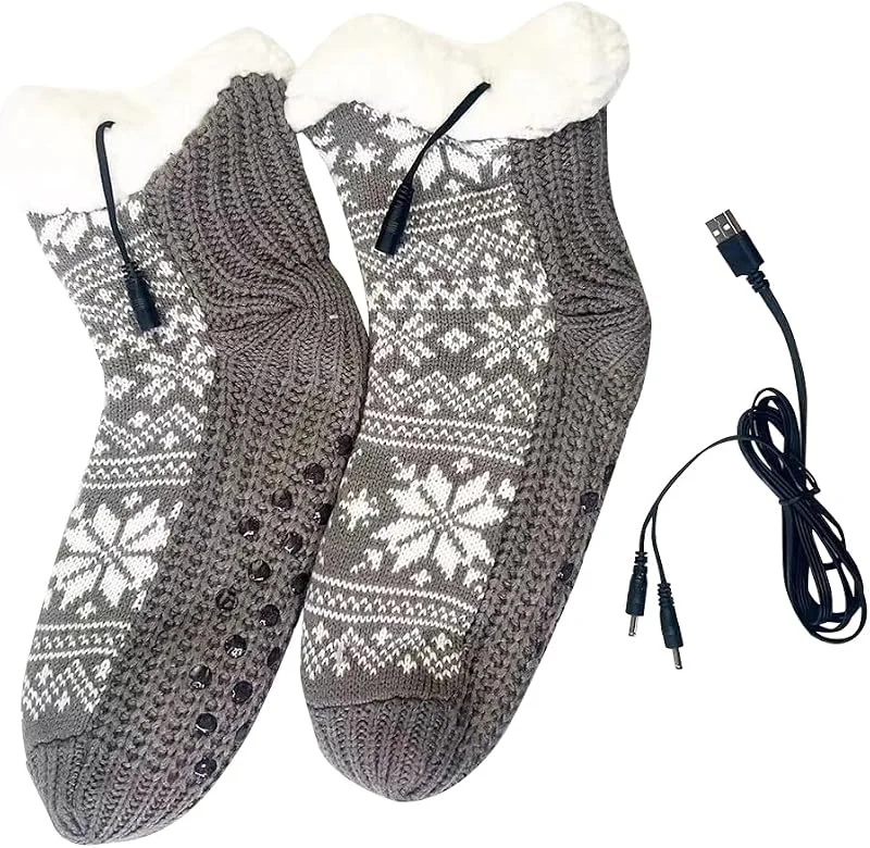 Beheizte Socken for Männer und Frauen, wiederaufladbare elektrische Socken, USB-beheizte Stricksocken, rutschfeste, Flauschige Slipper-Socken, Fußwärmer for Indoor- und Outdoor-Sporta — Heizkleidung