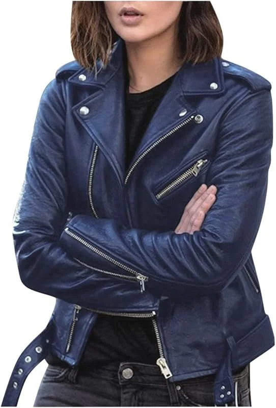 Kunstlederjacke Damen Reißverschluss PU Motorradjacke Slim Fit Kurze Motorradjacke Langärmliger Revers Reißverschluss Bikermantel mit Taschen — Heizkleidung