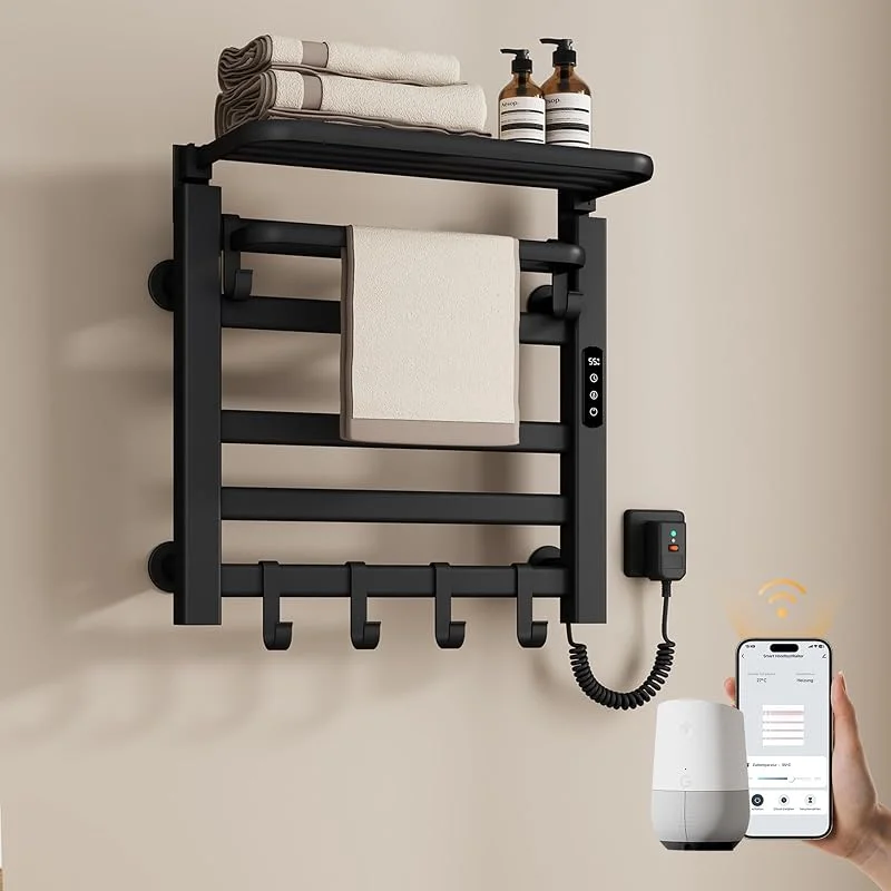 EMKE Elektrischer Badheizkörper 50x50 cm, 140W Handtuchwärmer mit WLAN-App-Steuerung, Kohlefaser Handtuchheizkörper mit klappbarer Ablage & 6 Haken, IPX5 spritzwassergeschützt, Schwarz — Heizung Warmepumpe