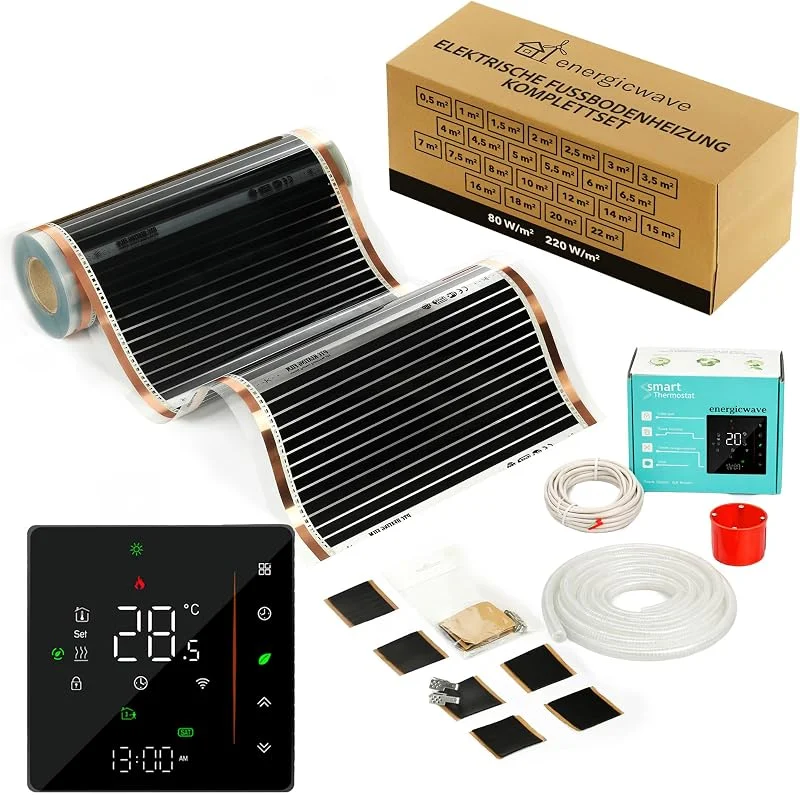 Elektrische Fußbodenheizung 220W, m² - Infrarot Heizfolie komplett mit WLAN Thermostat, Heizung 230V unter Parkett, Unterbodenplatten - 4, 5m² — Heizung Warmepumpe