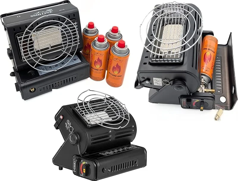 SMH LINE® 2in1 Tragbare Gasheizung Gaskocher + 8 Gaskartuschen 227g Camping Gasstrahler Heizung Outdoor Zelten Wohnwagen 1.3 KW Brenner Kocher + Butan Gas Gaskartuschen Keramik LPG — Heizung Warmepumpe