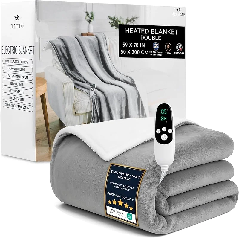 Get Trend Heizdecke Doppelt, Weiche Sherpa Fleecedecke 150x200cm, 9 Heizstufen, 12-Stunden-Abschaltautomatik, Warme Kuscheldecke Geschenk (Hellgrau, Doppel EU) — Heizung Warmepumpe