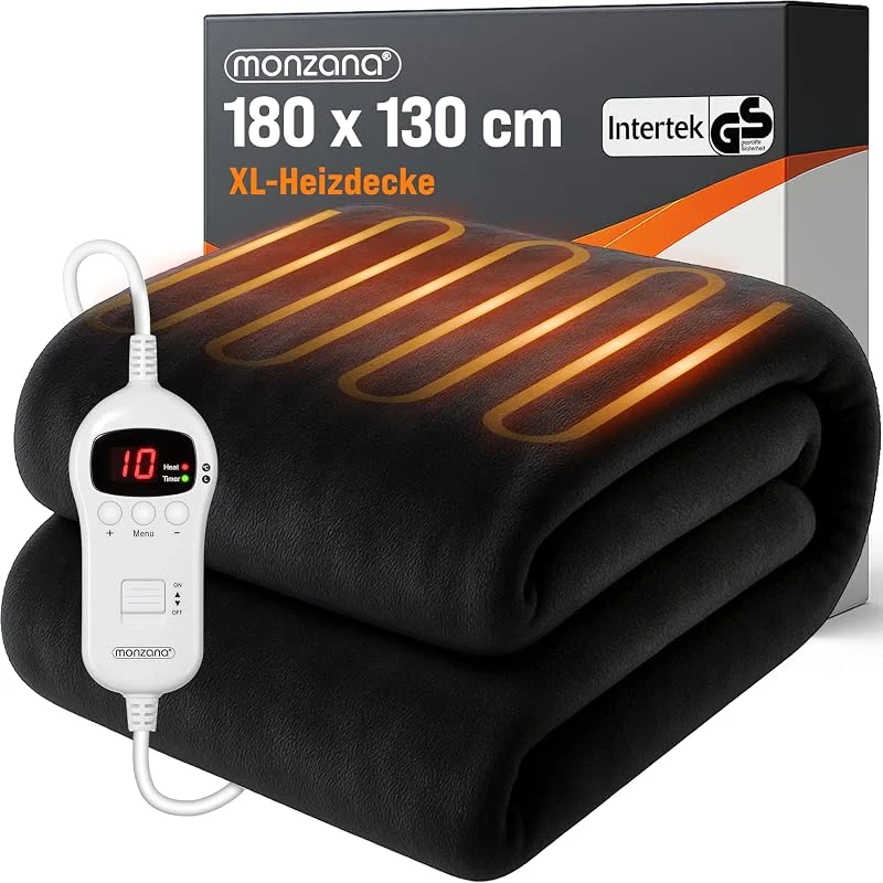 Monzana® Elektrische Heizdecke 180x130cm 120W 10 Heizstufen 10h Timer Abschaltautomatik Überhitzungsschutz waschbar Fleece Wärmedecke für Bett schwarz — Heizung Warmepumpe