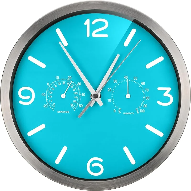 Bresser Funkuhr Wanduhr MyTime ND Thermo-Hygro mit geräuschlosem Funkuhrwerk, Edelstahlrahmen und Anzeige für Temperatur und Luftfeuchtigkeit, hellblau, 250 x 250 mm — Luftbefeuchter