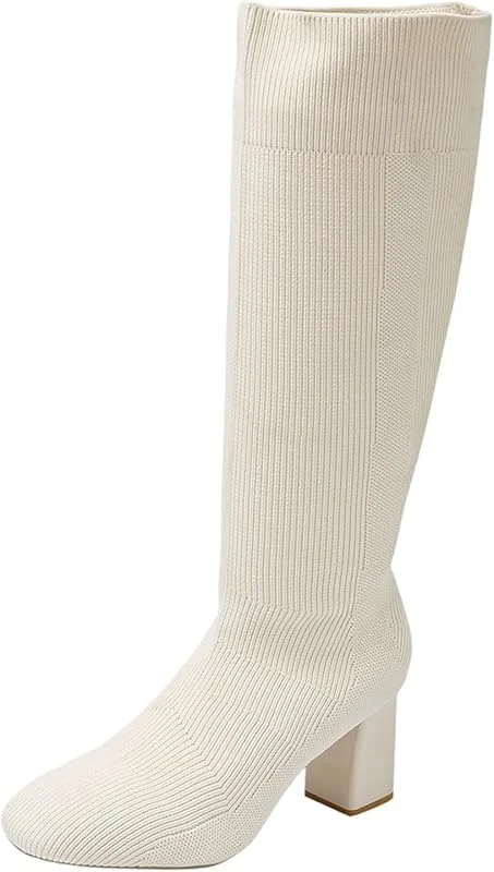 Gestrickte Stretch-Stiefel mit hohem Absatz mittlerer Wadenhöhe, klobiger Absatz, modische Stiefeletten, Bequeme Schlupfstiefel für den Winter — Heizkleidung