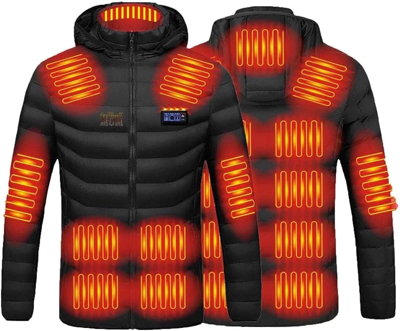 Generisch Heizjacke Herren Beheizbare Jacke mit Heizung Outdoorjacke 4 Heizstufen USB Elektrische Beheizte Jacke mit 21 Heizzonen Winterjacke Beheizbare Pufferjacke Heizmantel Kapuze Funktionsjacke — Heizkleidung