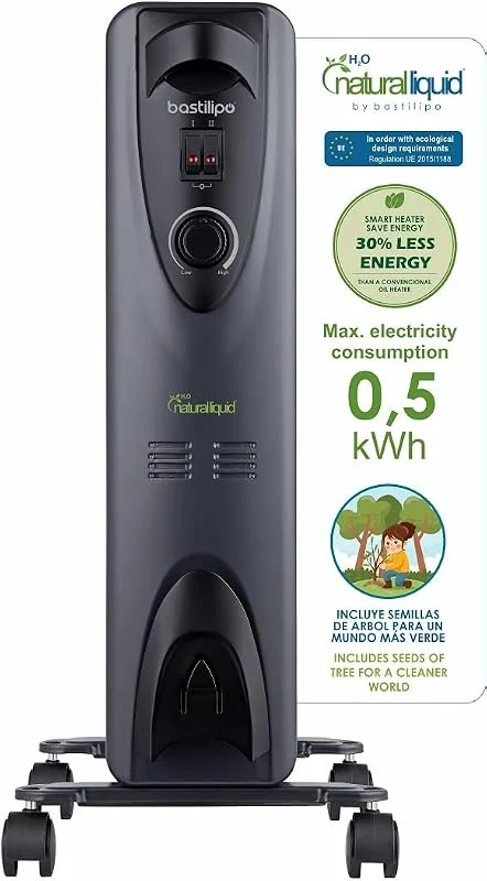 Bastilipo - RC-ECOFLUID-7 - Kompakter Heizkörper mit H2O Natural Liquid, extra energiesparend, 1000 W, 0, 5 kW, h, 7 Elemente, c, Thermostat, schwarz — Heizung Warmepumpe
