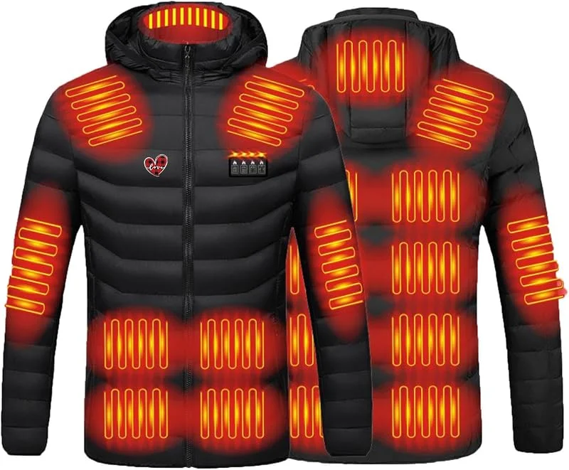 Battnot Heizjacke Herren Damen Beheizbare Jacke mit Heizung USB Elektrische Beheizte Jacke mit 19 Heizzonen Winterjacke Beheizbare Weste Pufferjacke Heizmantel Kapuze Funktionsjacke Outdoorjacke — Heizkleidung