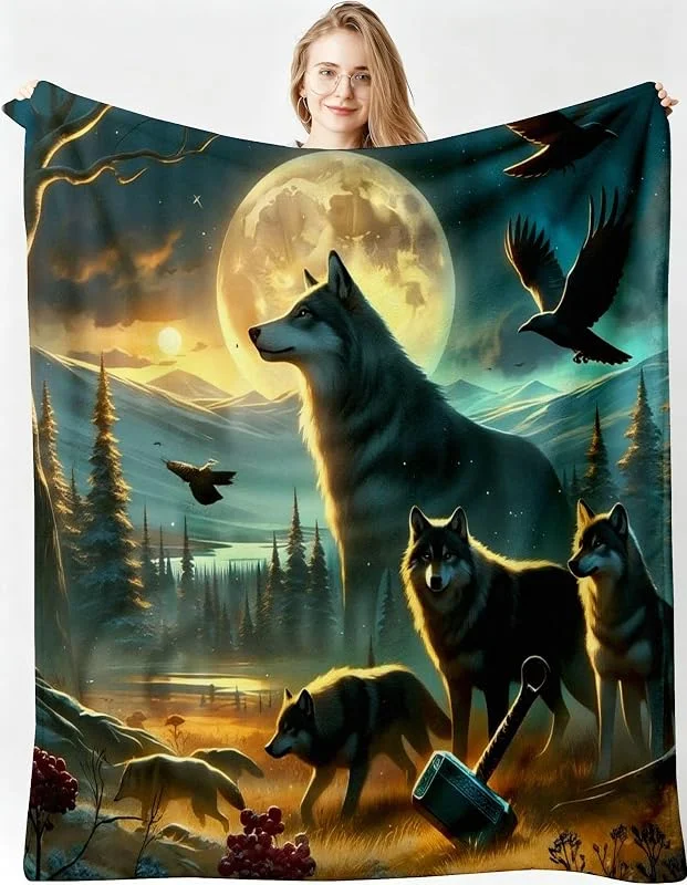 Kuscheldecke XXL 220x240 cm Wolf‑Adler für Sofa, Doppelbett-B214 — Heizung Warmepumpe