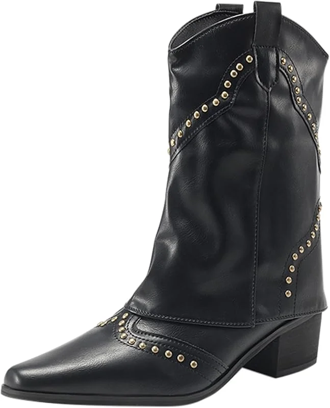 Modische Damen-Stiefel, Cowboy, kurz, niedriger Absatz, Retro, spitz, Vintage, Motorradstiefel, winddicht, leicht, schick, Stiefel, Herbst, Winter — Heizkleidung