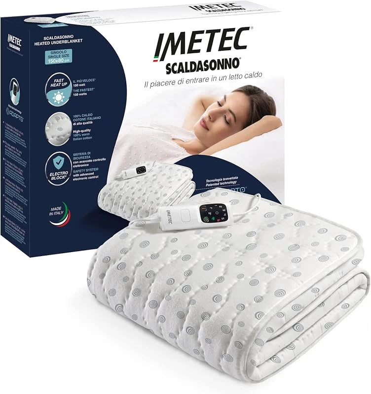 Imetec Adapto, Wärmeunterbett für franz. Bett, 150x120 cm, geringer Verbrauch, patent. Technologie, schnelle Erwärmung, person. Temp., 100 % Baumwolle, Made in Italy, Steuerung mit 6 Temp — Heizung Warmepumpe
