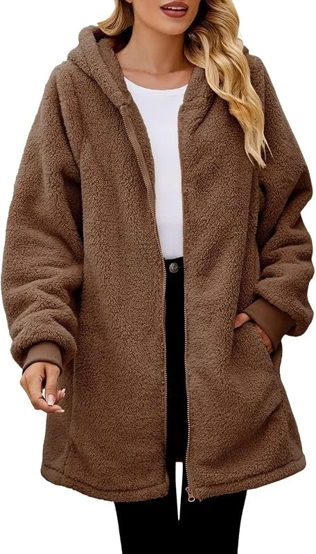 Ansenesna Teddyjacke Damen Lang Mit Kapuze Flauschig Winterjacke Warm Gefüttert Fleecejacke Teddyfleece Plüsch Wintermantel Frauen Teddyfell Dicke Jacke Winter Mantel Teddy Fleece Damen-Jacken — Heizkleidung