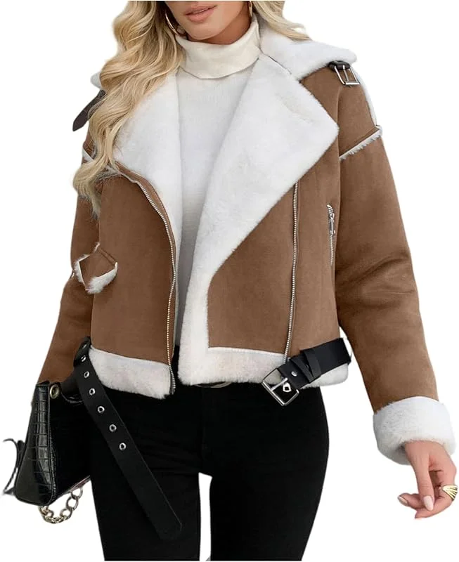 Ansenesna Winterjacke Damen Warm Gefüttert Kurz Wildleder Jacke Winter Fellkragen Wintermantel Elegant Motorrad Mantel Frauen Innenfutter Kurzmantel Wildlederjacke Teddyfell Damen-Jacken — Heizkleidung