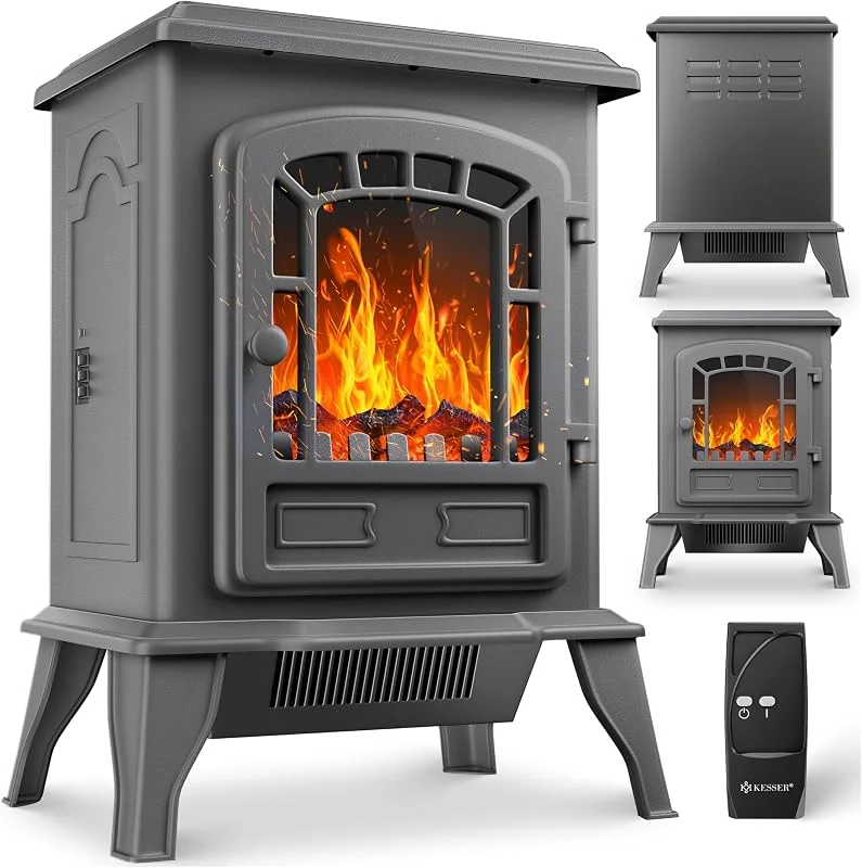 KESSER® Elektrokamin mit Heizlüfter & Fernbedienung 2000W Elektro Kamin Elektrischer Heizung LED Kaminfeuer Effekt Kaminofen Flammeneffekt Heizer Ofen geräuscharm regelbar Grau — Heizung Warmepumpe