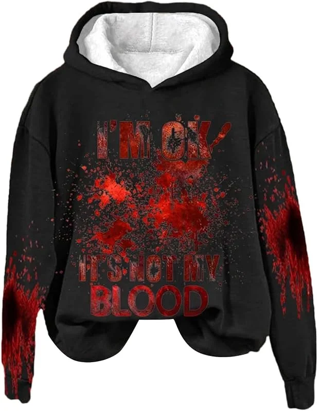 Problem Gelöst Halloween Hoodie Damen Langarm Blutige Pullover Sweatshirt mit Kapuze Halloween Kostüm Blutigem Buchstaben-Aufdruck Kapuzenpullover mit Blutspritzer Muster Soft Lockere Kapuzenpulli — Heizkleidung