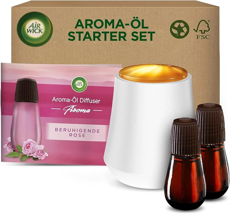 Air Wick Aroma-Öl – Starter Set – Diffuser mit ätherischen Ölen – Raumduft Beruhigende Rose – 2 x 20 ml Nachfüllern + Gerät — Luftbefeuchter