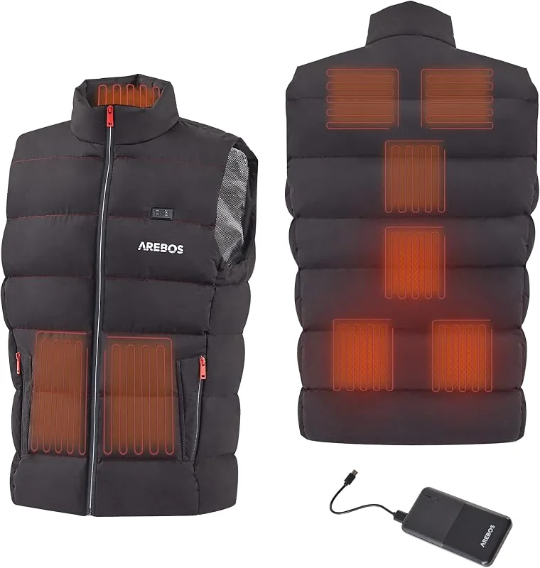 Arebos Akku Thermoweste, Beheizbare Weste Unisex, 9 Heizzonen & 3 Heizstufen, inkl. Powerbank 10000 mAh TÜV geprüft, maschinenwaschbar, Heizweste für Outdoorarbeiten Wandern — Heizkleidung