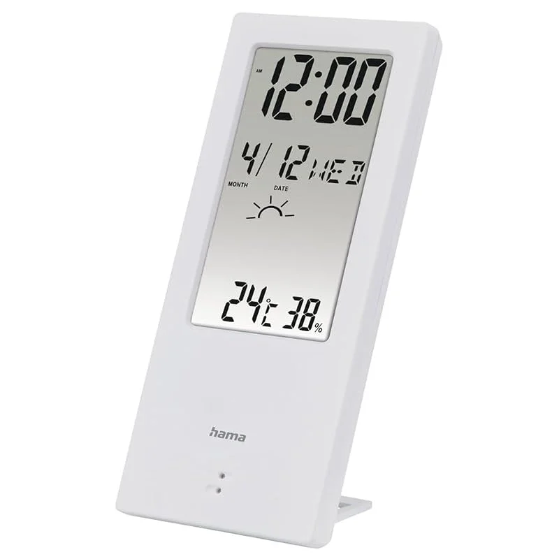Hama 2in1 digitales Thermometer und Hygrometer innen (Thermo-Hygrometer, misst Raumtemperatur und Luftfeuchtigkeit, mit Wetterindikator, transparentes Display, Digitalanzeige, Wecker, Tischuhr) weiß — Luftbefeuchter