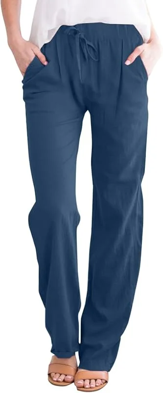 YUE Hose Damen Sommer Casual Baumwolle Leinen Stoffhose Frauen Straight Weite Beine Hose Elastisch Hohe Taille Freizeithose Bequeme Sporthose Luftige Sommerhosen Streetwear für Mädchen — Heizkleidung