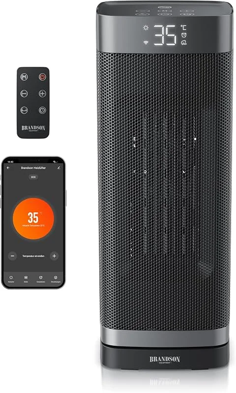 Brandson - Heizlüfter Wlan ECO Design - 2000 Watt - mit App oder Fernbedienung - ECO Modus für energiesparenden Betrieb – Oszillation - 2 Heizstufen - Überhitzungsschutz - Badezimmer Schlafzimmer Baby — Heizung Warmepumpe