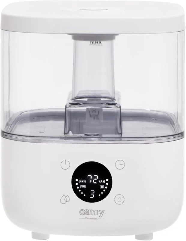 Camry CR 7973 W Ultraschall-Luftbefeuchter, Befeuchtungskapazität 100–260ml, Stunde, 5 Liter, Aromatherapie-Funktion, Timer, Betriebsfläche bis zu 35m2, LED-Anzeigebildschirm mit Touch-Tasten (Weiß)