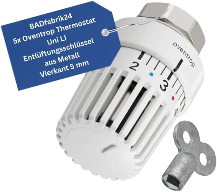 Thermostat Uni LI Links – Thermostatkopf für linksseitige Ventilheizkörper + Entlüftungsschlüssel 5 mm Vierkant, 5er Set – präzise Regelung, einfache Montage — Heizung Warmepumpe