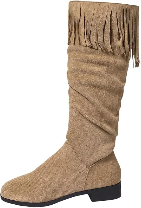 Generisch 2026 Damen-Stiefel mit halbhoher Wade, lässige Stiefeletten mit Fransen, zum Hineinschlüpfen, runde Zehenpartie, Bequeme Schuhe für Winter — Heizkleidung