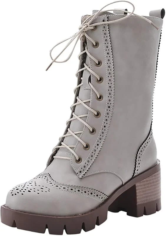 Stiefel Frauen Mode Reine Farbe Runde Zehen Schnürstiefel Square Heels Vintage — Heizkleidung